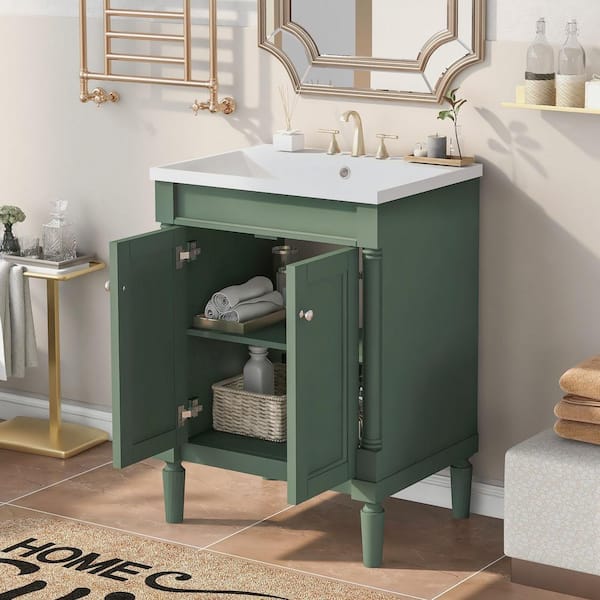 24 in. W x 18 in. D x 34 in. H Freestanding Bath Vanity in Green with White Ceramic Top and Single Sink