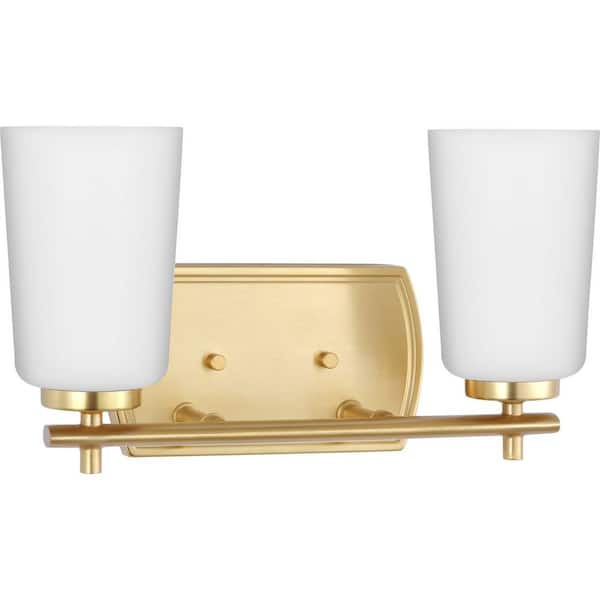 Progress Lighting Adley Collection 13.875 in. 2-Light Satin Brass Etched Opal Glass New Traditional Bath Vanity Light