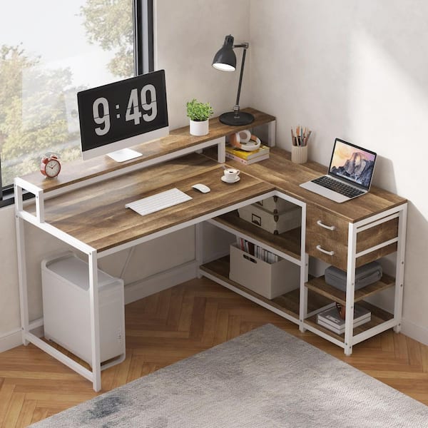 BYBLIGHT Lanita 55.1 in. Reversible L Shaped Desk Brown and White Engineered Wood 2-Drawer Computer Desk Storage Shelves