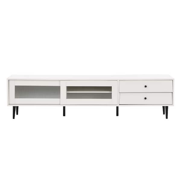 Polibi White Elegant TV Stand, Media Console Fits TV's up to 75 in. Sliding Fluted Glass Doors, Slanted-Drawers and Cabinet