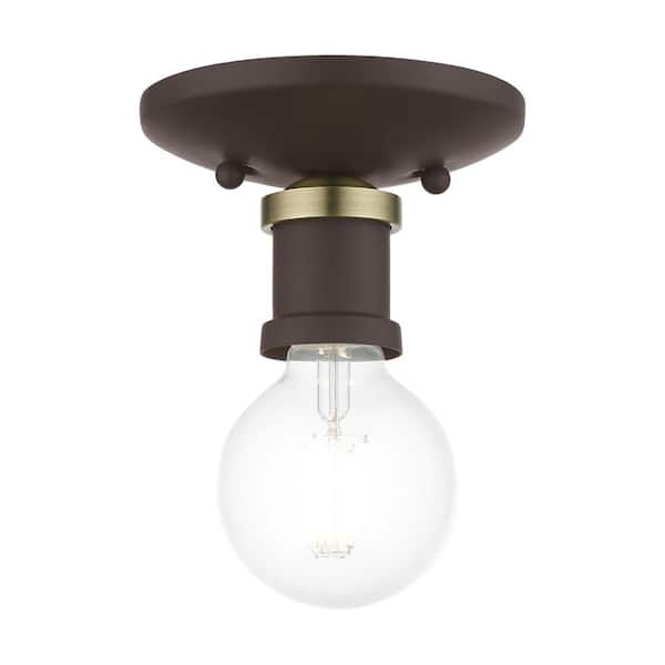Livex Lighting Lansdale 5 in. 1-Light Bronze Single Flush Mount with Antique Brass Accent