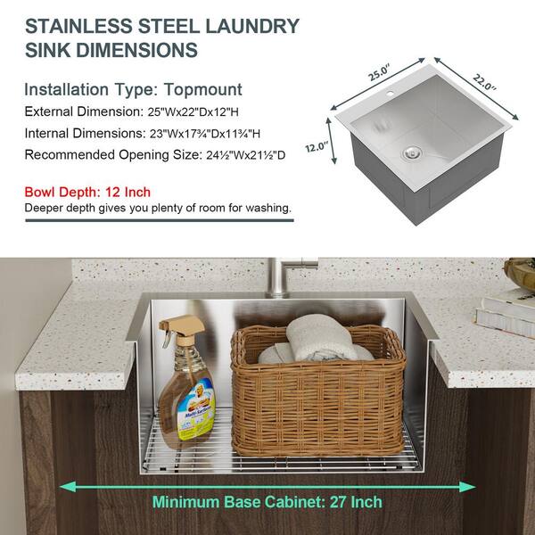 LORDEAR 22 in. Drop-In Laundry Utility Sink Stainless Steel 16 Gauge with Strain Basket