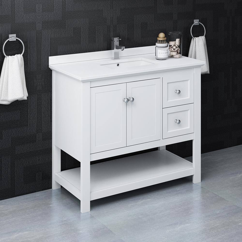 Manchester 42" White Quartz Stone Single Sink Vanity with Open Bottom Shelf