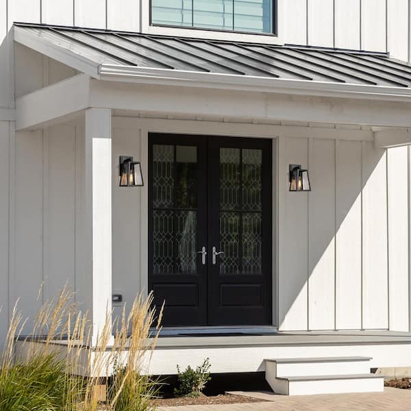 Modern Matte Black 1-Light Lantern Outdoor Sconce Industrial Linear Outdoor Wall Light with Seeded Glass Shade