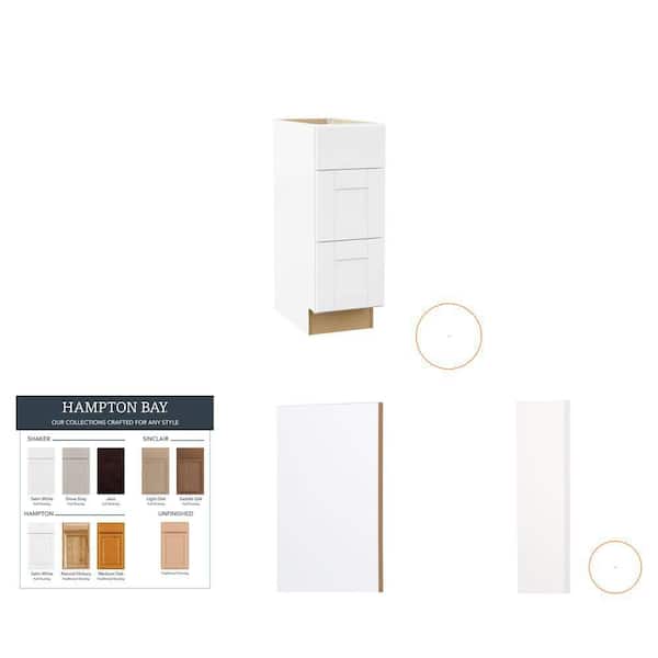Shaker Satin White Bath Cabinet Set with 30 in. Sink Base, 12 in. 3-Drawer Base, 3 in. Filler and 91.5 in. Toe Kick