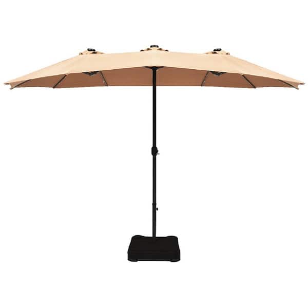 15 ft. Market Double-Sided Solar Crank 36-Lights Base LED Patio Umbrella in Beige