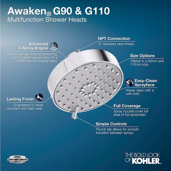 KOHLER Awaken 3-Spray 3.6 in. Single Wall Mount Fixed Shower