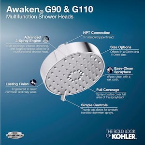 Awaken G110 3-Spray Patterns 4. 3125 in. Wall Mount Fixed Shower Head in Polished Chrome