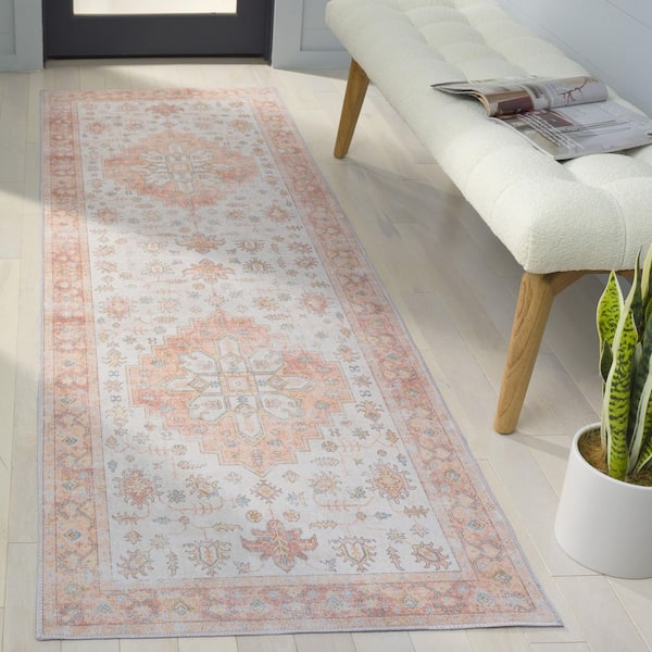 Arizona 3 ft. x 8 ft. Rust/Beige Machine Washable Distressed Floral Medallion Runner Rug