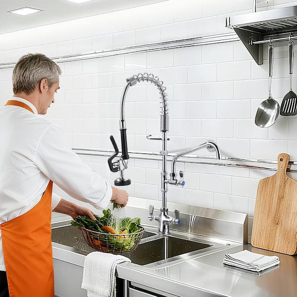 Solid Brass Commercial Deck Mount Triple Handle Pull Down Sprayer Kitchen Faucet with Pre-Rinse Sprayer in Chrome