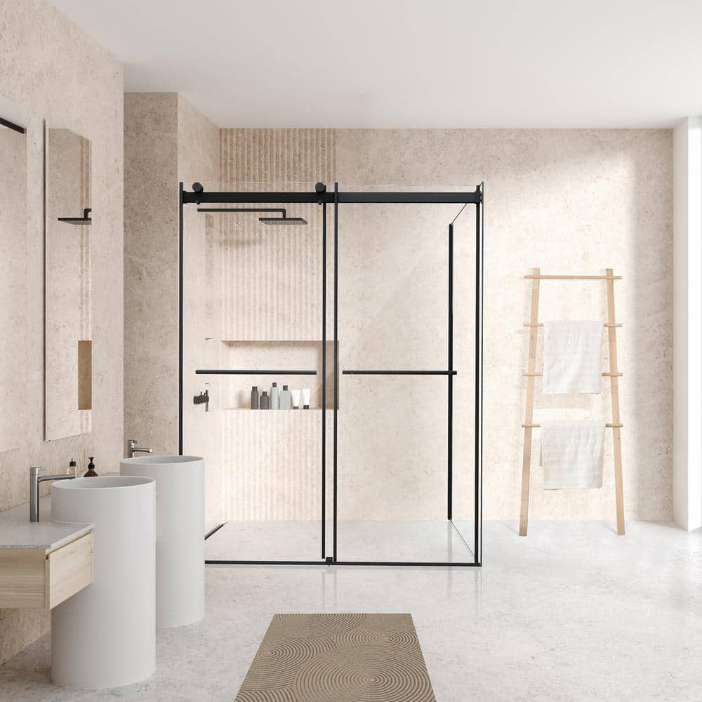 Belizzi 60" Matte Black Frameless Sliding Shower Enclosure