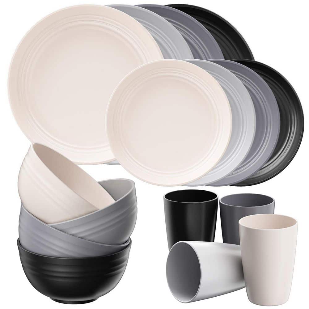 16-Piece Grey Plastic Dinnerware Set for 4, Dishwasher Microwave Safe, Outdoor Kitchen & Apartment Dinning RV Essentials price history on PriceWatchPro