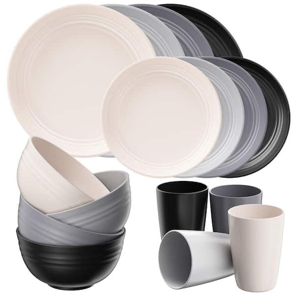 16-Piece Grey Plastic Dinnerware Set for 4, Dishwasher Microwave Safe, Outdoor Kitchen & Apartment Dinning RV Essentials
