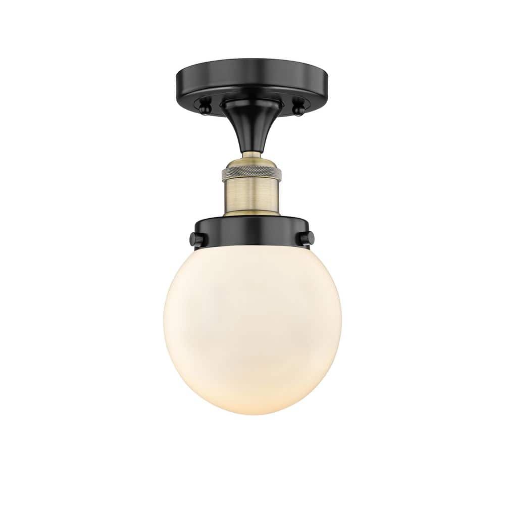 Beacon 6 in. 1-Light Black Antique Brass Art Nouveau Semi-Flush Mount with Frosted Glass Shade price history on PriceWatchPro