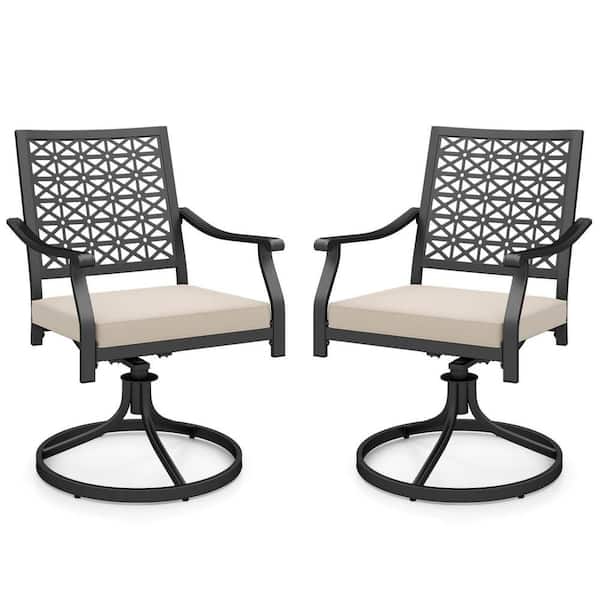 Metal Outdoor Swivel Chairs Patio Dining Chairs with Beige Padded Cushion High Back (2-Pack)