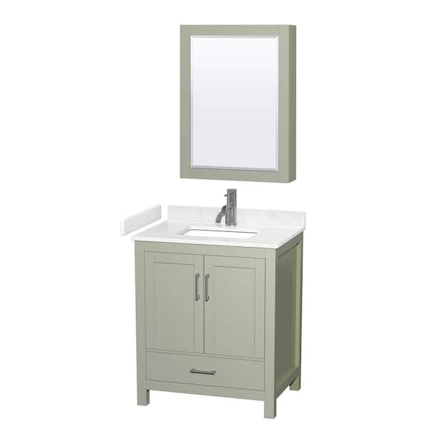 Wyndham Collection Sheffield 30 in. W x 22 in. D x 35 in. H Single Bath Vanity in Light Green with Carrara Cultured Marble Top , MC Mirror