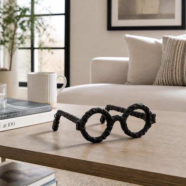 Black 7 in. x 3 in. Metal Abstract Round Glasses Sculpture