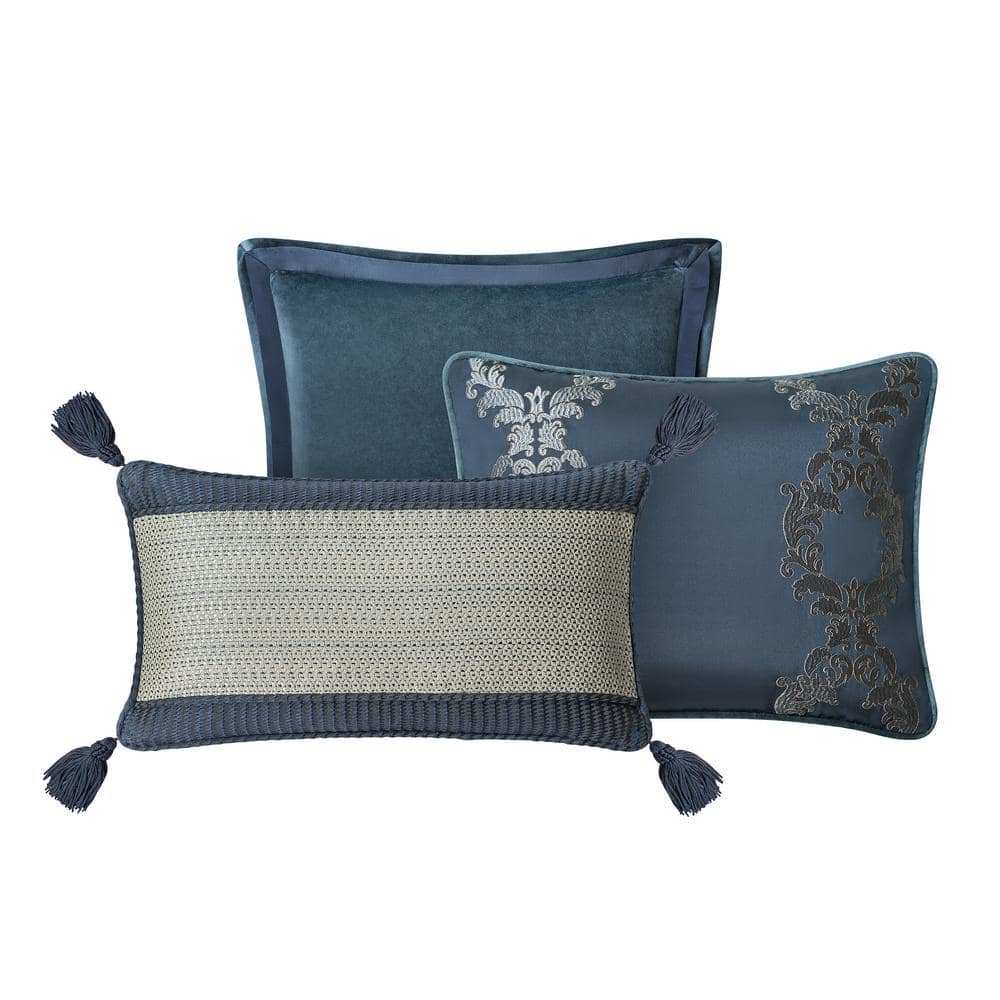 Teal and Linen Embroidered Velvet Decorative Pillow Set