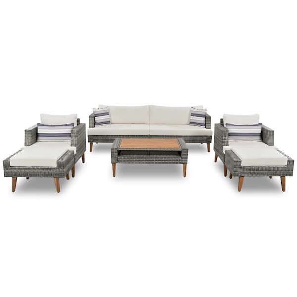 6-piece Wicker Outdoor Sectional, Patio Furniture with Cushions, Patio sofa set, Natural Rattan Beige and Gray