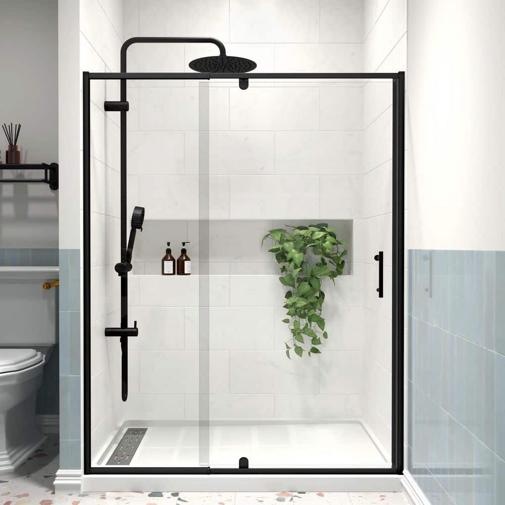 Modern 60 in. W x 71 in. H Pivot Swing Semi-Frameless Shower Door in Matte Black Finish with 1/4 in. (6mm) Clear Glass price history on PriceWatchPro