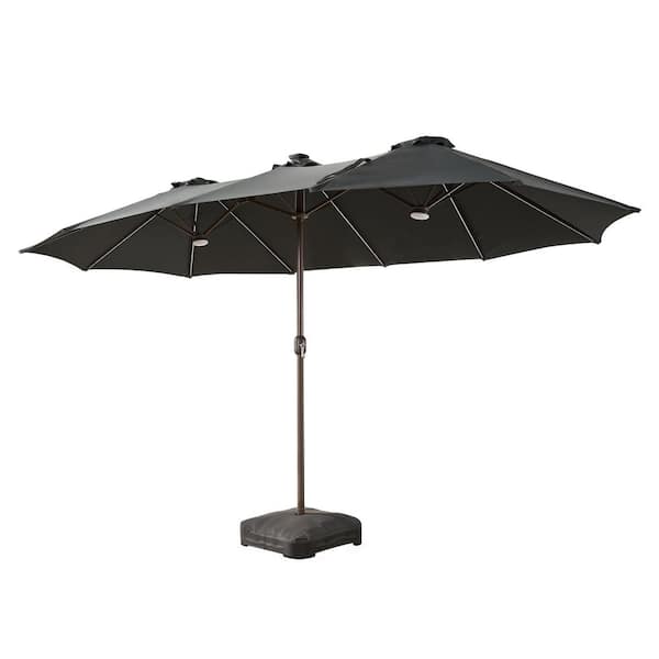 15 ft. x 9 ft. Metal Solar LED Lights Double-sided Market Patio Umbrella with Base and Crank in Dark Gray