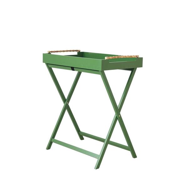 Storied Home 28.2 in. Green Rectangle Lacquered Acacia Wood Folding End Table with Removable Tray and Bamboo Handles