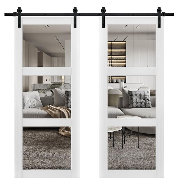 Lucia 2555 84 in. x 84 in. Full Lite Clear Glass Matte White Finished Solid Wood Sliding Barn Door with Hardware Kit