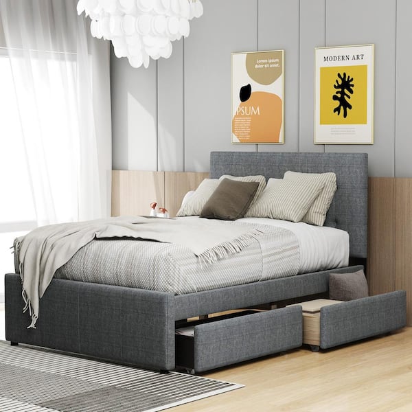 Qualler Gray Full Size Linen Upholstered Platform Bed With Headboard and 2-Drawers