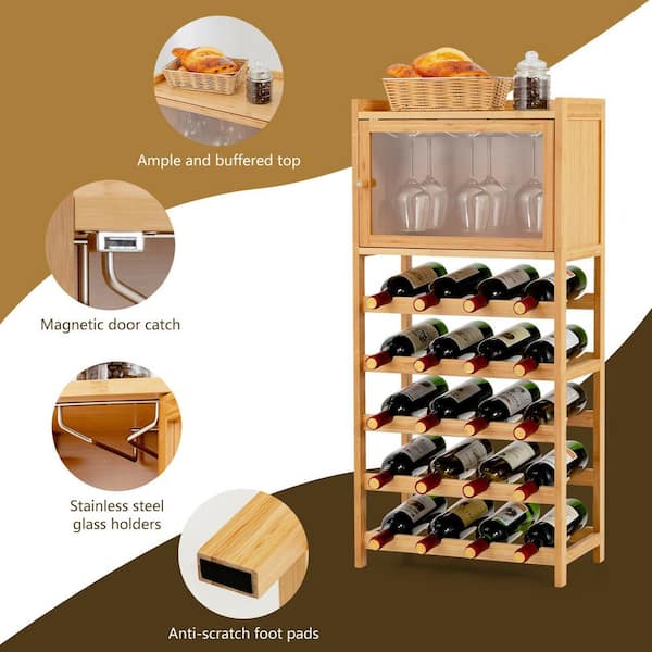 20-Bottle Freestanding Bamboo Wine Rack Cabinet with Display Shelf and Glass Hanger-Natural丨Costway
