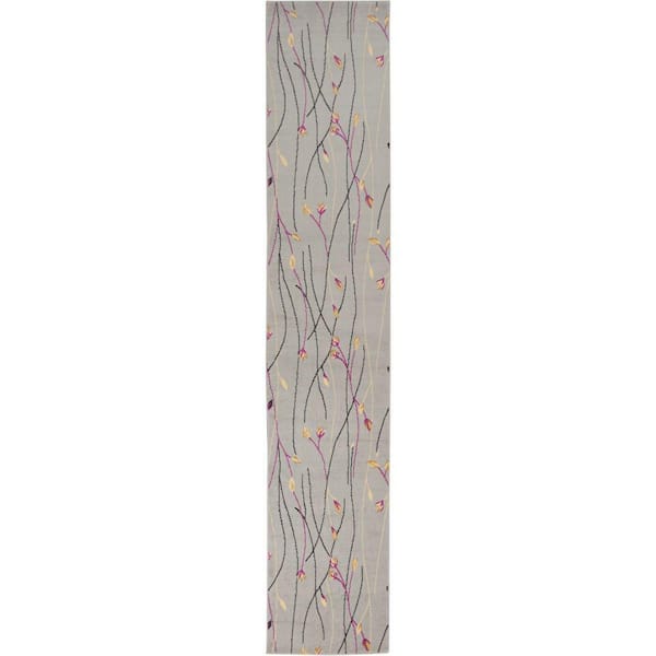 Nourison Grafix Grey 2 ft. x 12 ft. Floral Contemporary Kitchen Runner Area Rug