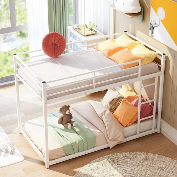 Harper & Bright Designs White Twin Over Twin Metal Low Bunk Bed with Ladder