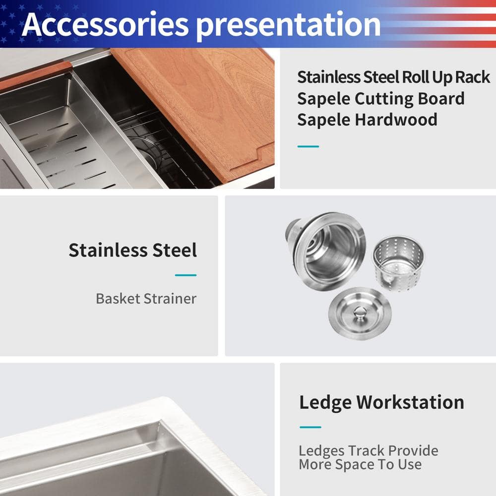25'' Brushed Nickel Stainless Steel Single Bowl Workstation Sink