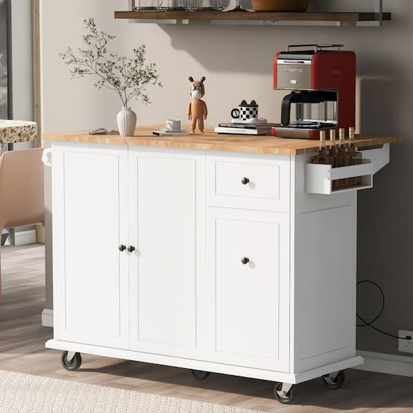 Tileon White Wood 54 in. Kitchen Island on Wheels with Drop Leaf and 2 Doors Cabinet, 2 Storage Drawers and Towel Rack