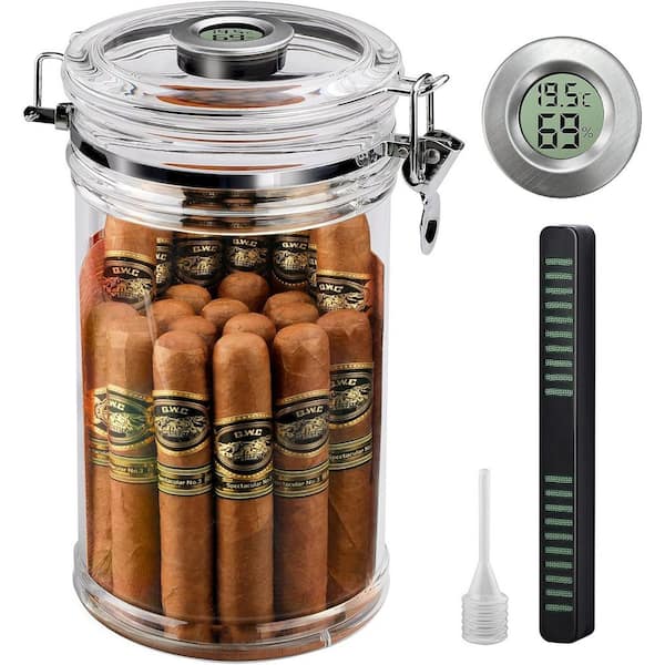 Large Portable Acrylic Humidor Jar with Digital Hygrometer, Tall Design Storage Case Fit Long Cigar for 15-20 Cigars