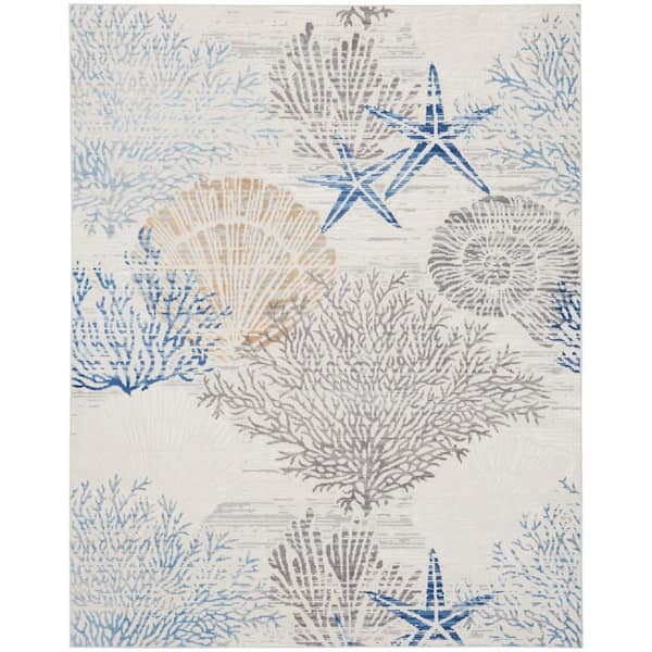Nourison Pompeii Ivory Grey Blue 8 ft. x 10 ft. Floral Abstract Coastal Contemporary Area Rug
