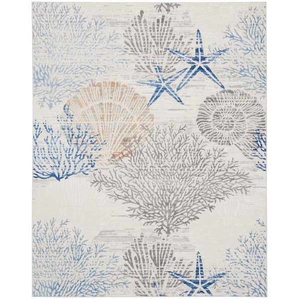 Pompeii Ivory Grey Blue 8 ft. x 10 ft. Floral Abstract Coastal Contemporary Area Rug