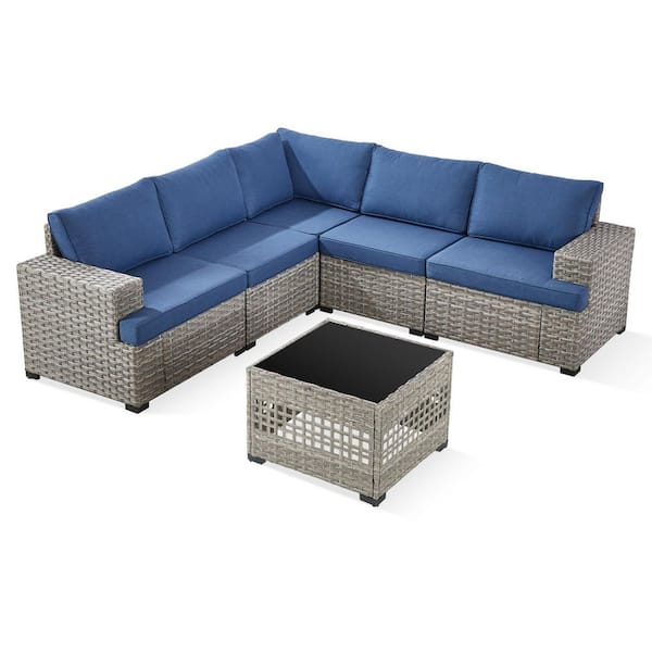 6-Piece Gray Wicker Widen Armrests Patio Outdoor Sectional Furniture Set, Coffee Table with Blue Cushions