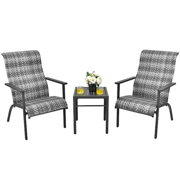 Costway 3 -Piece Patio Rattan Bistro Set High Backrest Armrest SideTable Mix Gray