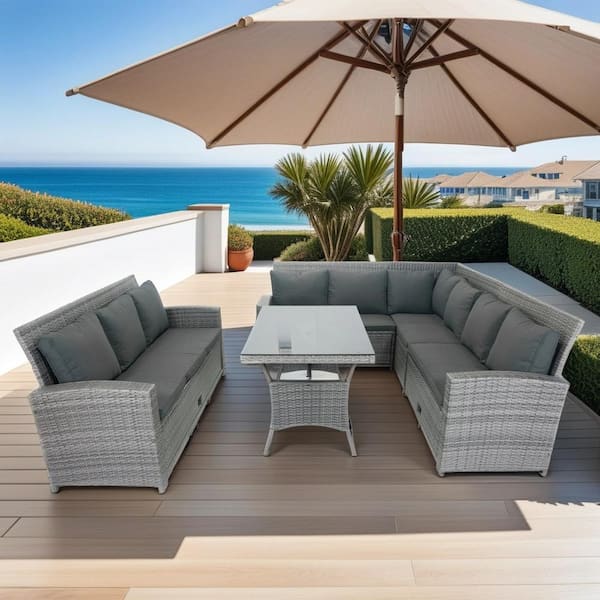 Unbranded Grey 5-Piece Rattan Wicker Outdoor Sectional Set with Dark Grey Cushions and 3 Storage Under Seat