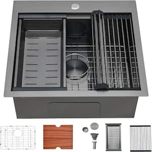 21 in. Stainless Steel Kitchen Sink 6-gauge Single Bowl with Cutting Board, Steel Grid & Strainer in Black