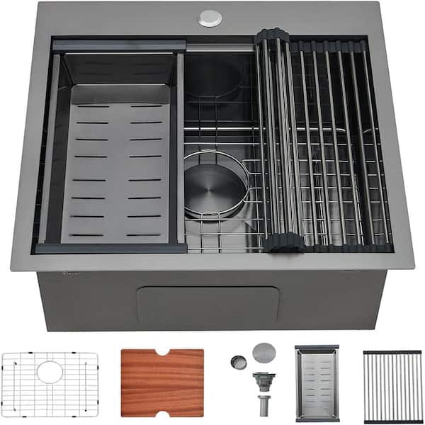 Adrinfly 20 in. Stainless Steel Kitchen Sink Drop-In 6-Gauge Single Bowl with Cutting Board, Steel Grid and Strainer in Black