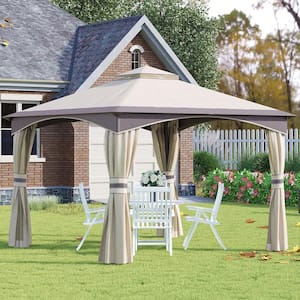 10 ft. x 10 ft. Outdoor Gazebo with Netting and Curtains, Patio Gazebo Canopy with 2-Tier Soft Top Roof and Steel Frame