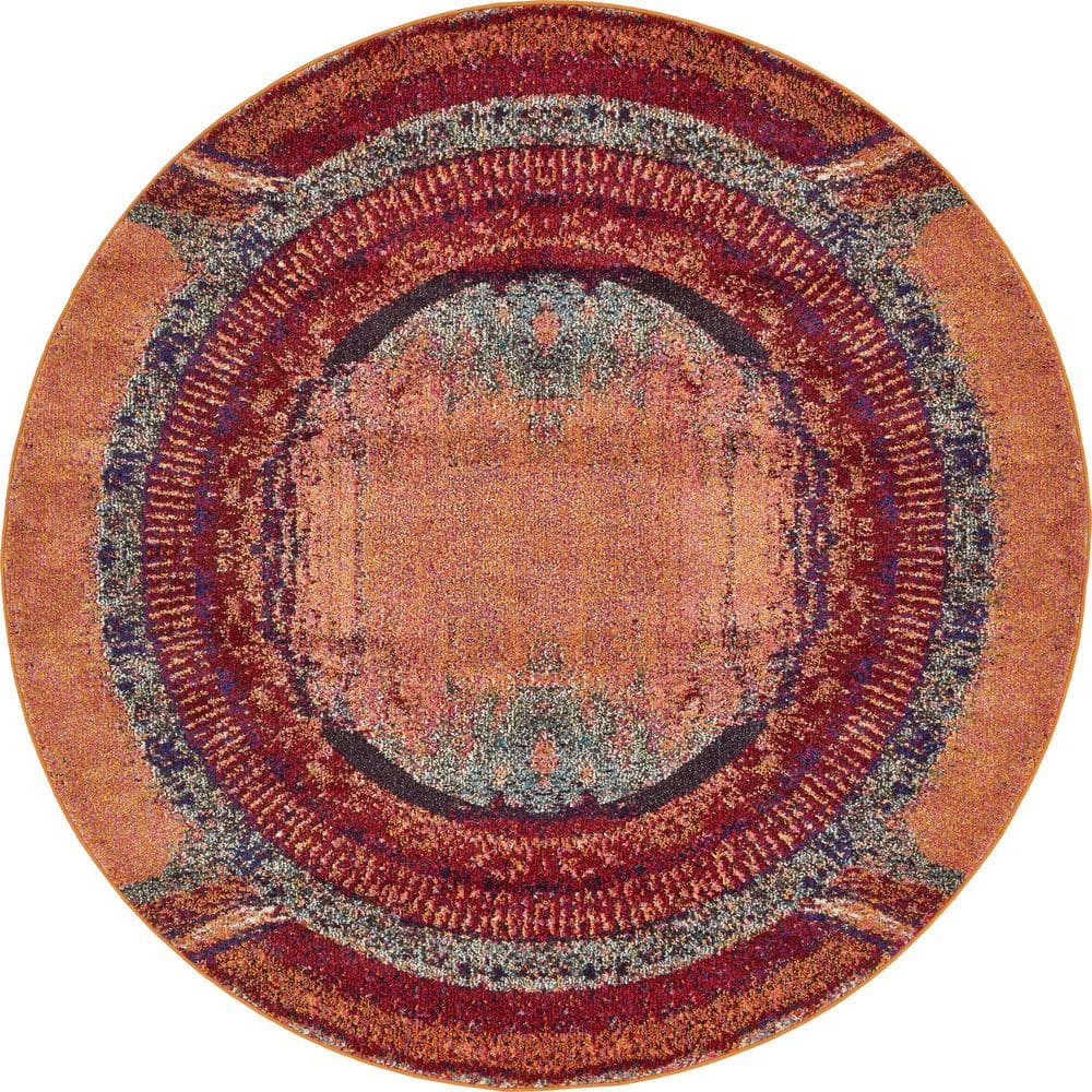 6' Round Orange and Black Abstract Synthetic Rug