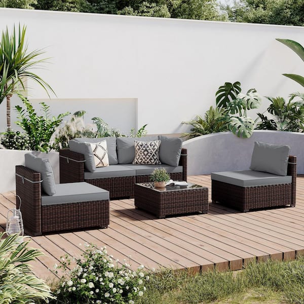PATIO WATCHER 5-Piece Wicker Patio Conversation Seating Set with Light Gray Cushions and Coffee Table