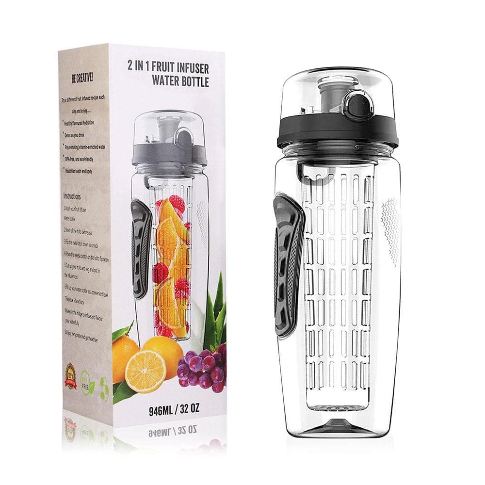 32 oz. Black Tritan Plastic Fruit Infuser Water Bottle, Juice Shaker with F