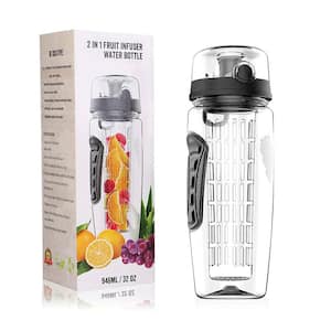 32 oz. Black Tritan Plastic Fruit Infuser Water Bottle, Juice Shaker with Flip Top Lid and Anti-Slip Grips