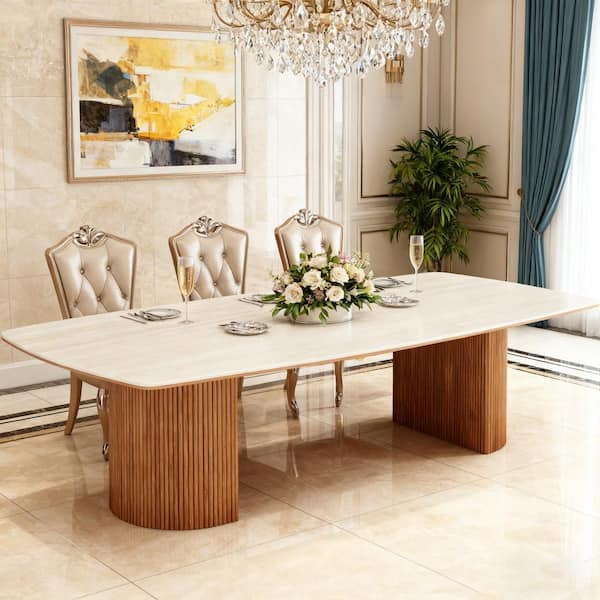Roesler White&Brown Stone 78.7 in. Double Pedestal Dining Table, Modern Large Dining Table Seats 8