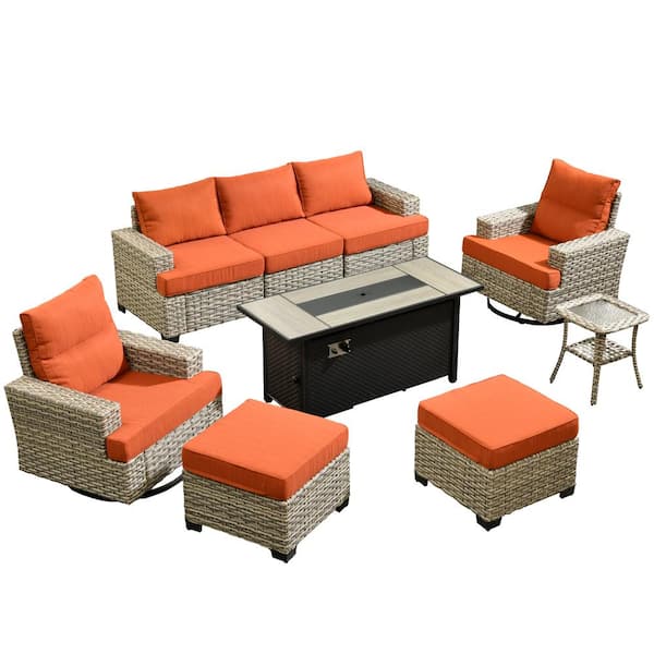 Kelleys 9-Piece Wicker Outdoor Patio Fire Pit Conversation Sofa Furniture Set with Swivel Chairs and Orange Red Cushions