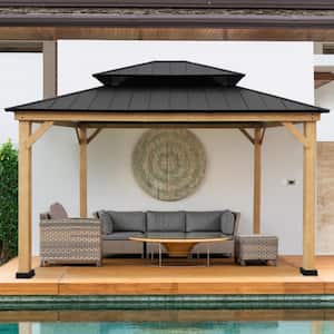 13 ft. W x 15 ft. D Outdoor Cedar Framed Hardtop Gazebo, Galvanized Steel Double Roof Gazebo Canopy, Black
