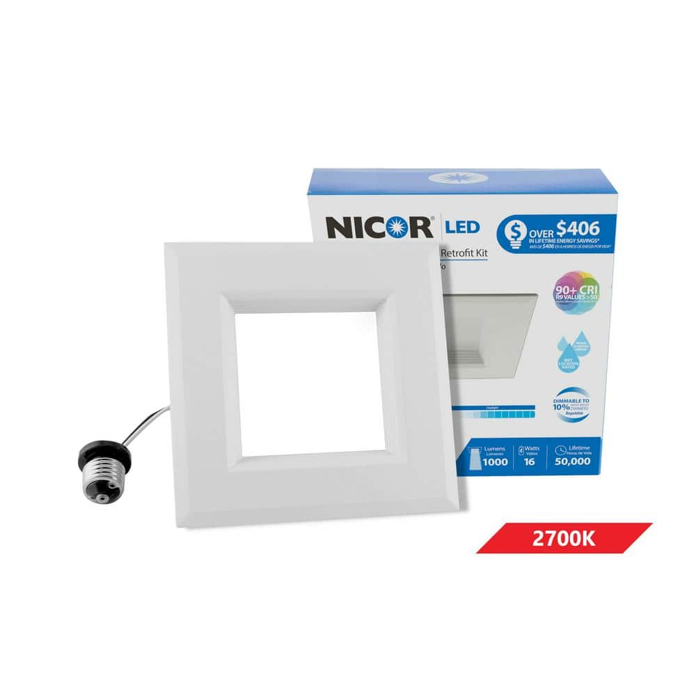 NICOR DLR Series 5 in. White (1100 Lumens) LED Square Recessed Retrofit Downlight Trim Kit, 2700K